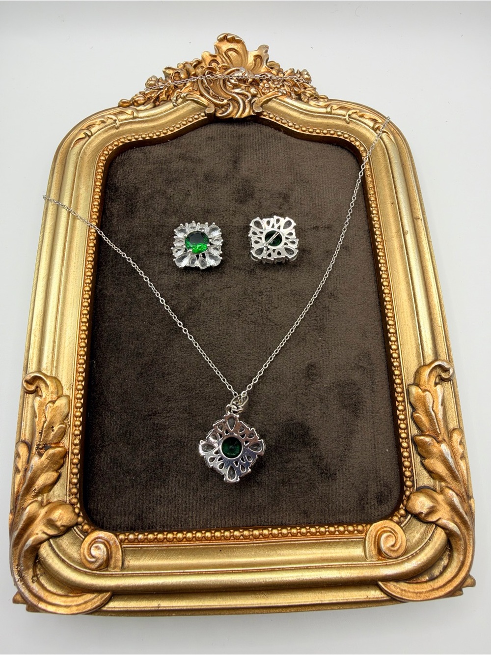 Emerald Green Crystal Pendant Necklace and Stud Earrings Set - Women Jewelry - Picture 5 of 5